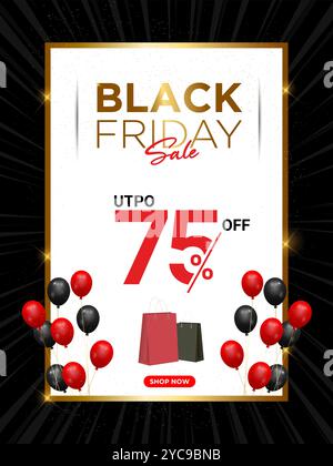 Black Friday Sale Banner, Poster oder Flyer Design mit schwarzen und roten Heliumballons und abstraktem Hintergrund. Moderne, minimalistische Designvorlage Stock Vektor