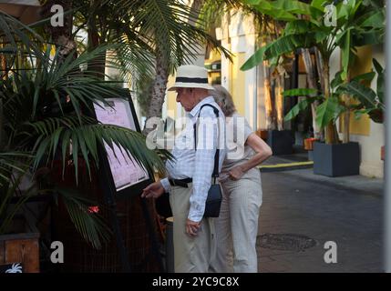 Nizza, Frankreich - 9. August 2024: Senioren, männlich und weiblich, ein älteres Paar schaut sich die Speisekarte in einem Restaurant auf der Piazza Garibaldi an Stockfoto