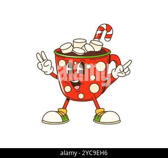 Cartoon groovige Weihnachtsbecherfigur mit Marshmallow und Zuckerrohr. Isolierte Vektor rote Becher Persönlichkeit, Kakaodrink mit fröhlichem Gesicht genießen festliche Jahreszeit mit verspielter Feiertagsstimmung Stock Vektor