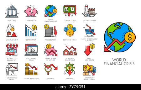 Farblinien für Wirtschaftskrise und Geldverlust, Symbole für Abschwung und Konkurs, Vektorökonomie. Finanzrezession, weltweite Finanz- und Bankenkrise, Ölpreisrückgang, Börsenkrach Stock Vektor