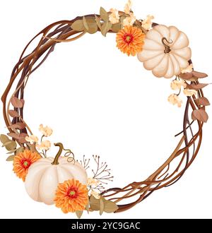 Ein eleganter Herbstkranz mit beigefarbenen Kürbissen, leuchtend orangen Dahlien und Eukalyptus, verwoben mit rustikalen Weinstöcken. Vektor. Stock Vektor