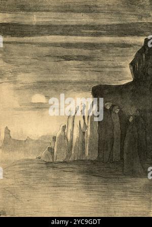 Die Reise des italienischen Dichters Dante Alighieri durch das Jenseits, Fegefeuer, 18. Canto: Die Faulheit, Illustration des Künstlers Manfredo Manfredini, 1900er Jahre Stockfoto