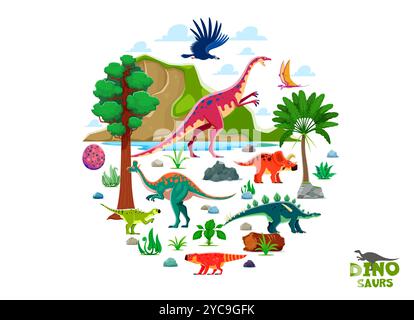 Prähistorische Dinosaurier in runder Form. Comic-Vektor-Dino-Charaktere Lambeosaurus, argentavis, Bagaceratops oder Lexovisaurus, Psittacosaurus oder arrhinoceratops, dimorphodon und Anchisaurus bei Landscape Stock Vektor