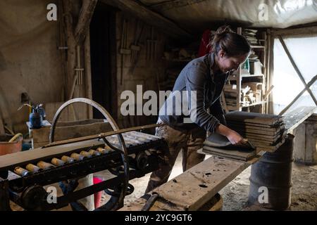 Soulaines-Dhuys (Nordostfrankreich): Arbeit mit Ton in der Royer Töpferei und Fliesenfabrik nach traditionellen Techniken für 6 Generationen, maki Stockfoto