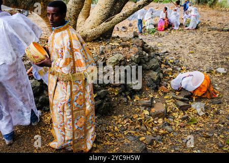 Äthiopien, Lalibela, Januar 2024: Feierlichkeiten von Timket, Äthiopiens wichtigstem religiösem fest. Die orthodoxe Offenbarung Timkat wird gefeiert Stockfoto