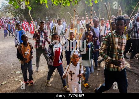 Äthiopien, Lalibela, Januar 2024: Feierlichkeiten von Timket, Äthiopiens wichtigstem religiösem fest. Die orthodoxe Offenbarung Timkat wird gefeiert Stockfoto