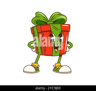 Cartoon groovige Weihnachtsgeschenk-Figur mit lächelndem Gesicht und Armen akimbo. Isoliertes Vektor festliches Geschenk Paket Retro-Persönlichkeit mit grüner und roter Umhüllung und einer großen Schleife feiert Feiertag Stock Vektor