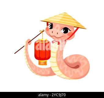 Süße Zeichentrickschlange in rosafarbenen Tönen mit traditionellem konischem Hut und roter Laterne mit Schwanz. Vektor 2025 Chinesisches Mondjahr Reptilienschlangentier mit festlichem glücklichem Ausdruck Stock Vektor