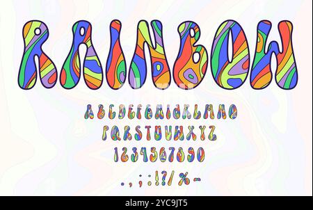 Psychedelische Regenbogenschrift, grooviger Typ der 70er Jahre, Hippie-Retro-Schrift der 60er Jahre, gewellte Alphabet-Vektor-Typografie. Vintage Hippie-Buchstaben und -Zahlen mit Regenbogenmuster. Psychedelische englische abc-Schriftart Stock Vektor