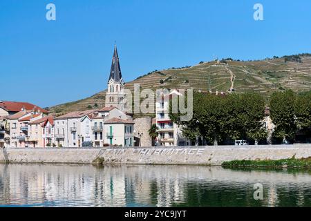 Tain-l'Eremitage (Südostfrankreich): Ufer des Flusses Rhône, mit Weinbergen des Rhonetals im Hintergrund *** örtlicher Titel *** Stockfoto