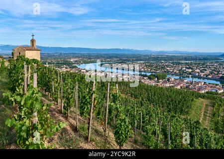 Tain-l'Hermitage (Südostfrankreich): Blick auf die Stadt, die Rhone, die Stadt Tournon-sur-Rhône und die Landschaft des Rhône-Tals. Ansicht Stockfoto