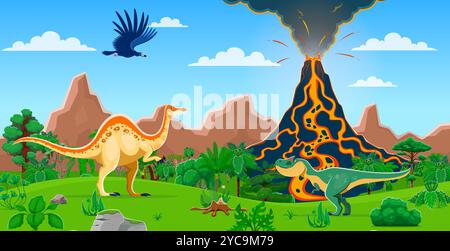 Prähistorische Dinosaurier und Vulkanlandschaft. Vektor-jurassische Zeitszene mit Vulkanausbruch mit Lava, umgeben von üppigem Grün und Dino-Tieren, die zwischen Bäumen und Vegetation fliegen und umherstreifen Stock Vektor