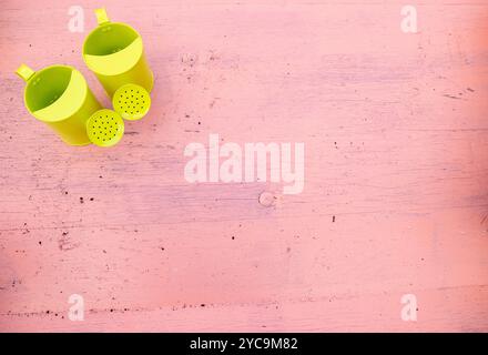 Top-Down-Ansicht von zwei kleinen grünen Gartenkannen für Kinder auf einem pinkfarbenen Hintergrund Poster oder Konzept zum Gießen von Pflanzen Stockfoto