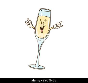 Cartoon groovige Champagnerglas Weihnachtsfigur feiert Weihnachtsfeier. Retro-Persönlichkeiten aus Vektor-Weingläsern freuen sich mit Happy Smile und verkörpern die flippige Atmosphäre des Karnevals der Hippie-Ära der 60er oder 70er Jahre Stock Vektor