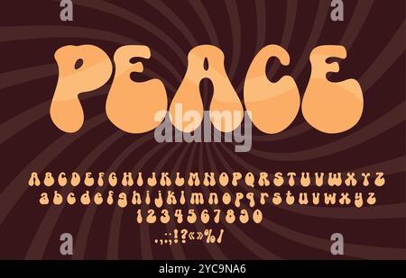 Groovige psychedelische Schriftart, funky Hippie Schriftart, 60er Jahre Trippie Schriftart, Retro 70er Jahre Alphabet Vektor Typografie, fette Kurven Buchstaben und Zahlen. Vintage-Hippie-abc-Schriftart auf psychedelischem Hintergrund Stock Vektor