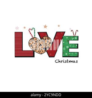 Liebe Weihnachten mit Leopardenherz und Süßigkeiten. Weihnachtsgrußkarten-Design Stock Vektor
