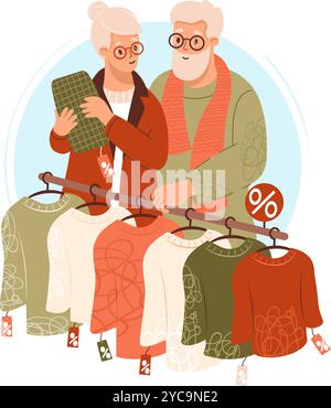 Glückliches Paar älterer Frauen und Männer. Niedliche Leute, die ein Geschenk im saisonalen Angebot wählen, mit Kleiderbügeln mit modischer Kleidung und Pullover. Vektor Stock Vektor