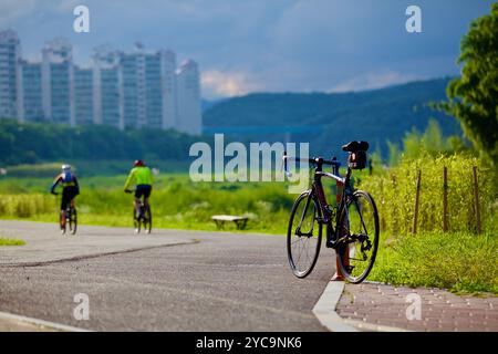 Ulsan, Südkorea - 9. Juli 2019: Zwei Radfahrer fahren auf dem Radweg am Taehwa River, während ein Rennrad in der Nähe vor einem grünen Hintergrund steht Stockfoto