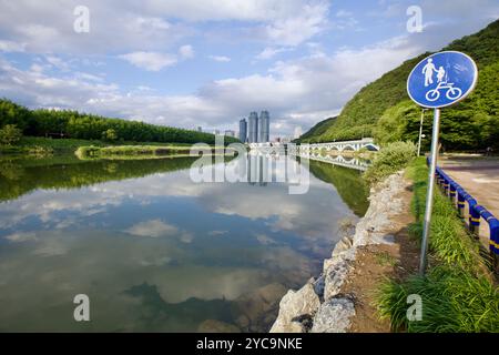 Ulsan, Südkorea - 9. Juli 2019: Ein Fahrrad- und Fußgängerschild steht neben dem ruhigen Fluss Taehwa, mit Reflexen der Skyline der Stadt und üppigem Grün Stockfoto