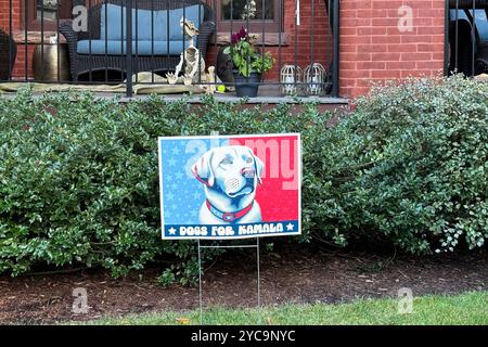 Politische Yard-Schilder, private Wahlplakate und Kampagnenwerbung für die bevorstehenden Präsidentschaftswahlen in den Vereinigten Staaten zwischen der demokratischen Kandidatin Kamala Harris und dem republikanischen Kandidaten Donald Trump in Illinois, USA Stockfoto