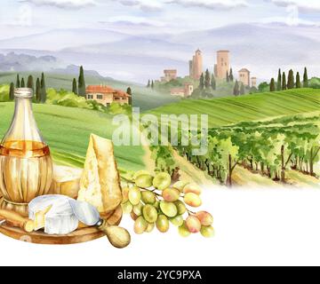 Weißweinflasche mit Aquarell, Parmesan, Käse und Trauben vor italienischer ländlicher Landschaft mit Türmen und Bauernhöfen, Zypressen und Büschen, handgezeichnet Stockfoto