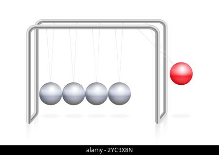 Newtons Wiege mit roter Kugel auf Rahmen mit Metallkugeln, die Prinzipien der Erhaltung von Impuls und Energie in der Physik demonstrieren. Stockfoto
