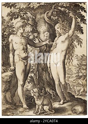 Adam und Eva, Druck, Hendrick Goltzius, nach Bartholomeus Spranger, 1585 Stockfoto