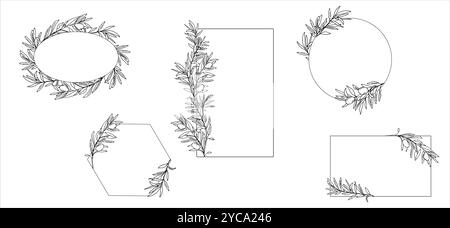 Set aus Olivenrahmen und Kränzen mit isolierten Olivenzweigen. Hand gezeichnet Schwarz und weiß Vektor-Illustration für Hochzeit Schreibwaren, Einladungen, Speichern Stock Vektor