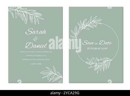 Olive Dave das Datum Hochzeitskarte Vorlage mit Olivenzweigen und Obstkranz. Hand gezeichnete Vektor-Blumentabelle in weißen und blassgrünen Farben Stock Vektor