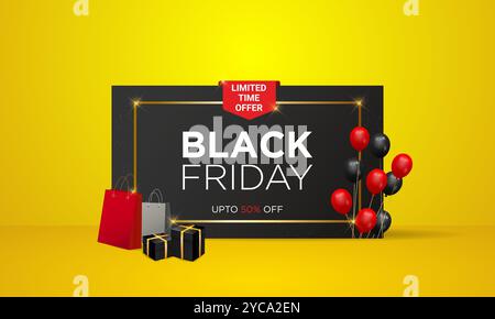 Black Friday Sale Web Banner Design, zeitlich begrenztes Angebot Black Friday Sale Design Vorlage mit goldenen Sternen, Ballons, Geschenkboxen und Einkaufstaschen Stock Vektor