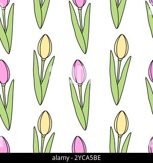 Farbenfrohes, handgezeichnetes Tulpenmuster in trendigem, sanftem Gelb und Rosa. Einfacher Frühling im Hintergrund. Isolierte Vektor Illustration Hintergrundbild, Verpackung oder Web, Karten, Poster, Banner, Preisschild, Etikett Stock Vektor