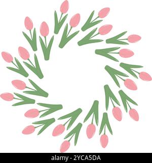 Tulpe in trendigem, weichem Rosa, runder Rahmen mit Copyspace. Schriftzug, Karten Frühlingsblume. Poster mit isolierten Vektoren, Broschüren, Preisanhänger, Banner, Label oder Web-Werbeaktion Stock Vektor