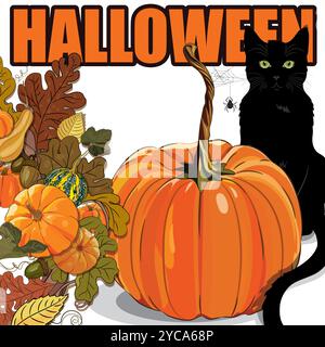 Herbstdesign - Magic Garden. Ein Kranz aus Reben mit Kürbissen, Eichenblättern, Eicheln und schwarzer Katze Stock Vektor