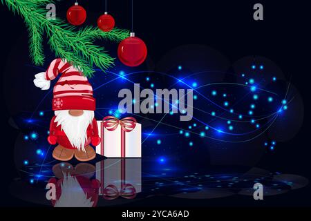 Weihnachtsklausel, weihnachtsbaum und Geschenkbox. Weihnachtszwerg mit Geschenk. Glückwunsch zum neuen Jahr und frohe Weihnachten Grußkarte oder Banner. Vektor Stock Vektor