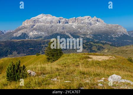 Sass Pordoi Gebirge in den Dolomiten. Alpenlandschaft wunderschöne Landschaft in den Dolomiten, Italien. Felsenklippe Sass Pordoi und Piz Boe Stockfoto