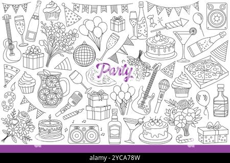 Partyhintergrund mit Essen für festliche Veranstaltungen und Flaggen oder Ballons für die Innendekoration. Feierliche Artikel und Blumen für Geburtstagsfeiern oder Weihnachten und Silvesterdinner. Handgezeichnet. Stock Vektor