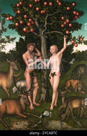 Adam and Eva (1526) von Lucas Cranach dem Älteren (1472–1553) religiöse Kunst Stockfoto