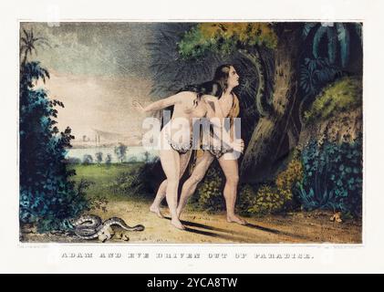 Adam und Eva wurden aus dem Paradies getrieben - zwischen 1835 und 1856 von Currier & Ives - altes Poster Stockfoto