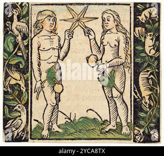 Adam und Eva halten einen Stern, Illustration aus Beschlossen Gart des Rosenkranz Mariae, Druck, Hans Baldung (genannt Hans Baldung Grien). Holzschnitt, handkoloriert. 1500er Jahre Stockfoto