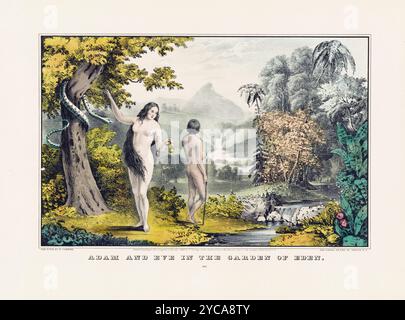 Adam und Eva im Garten Eden - N. Currier, 1848 - amerikanische Illustration - altes Poster Stockfoto