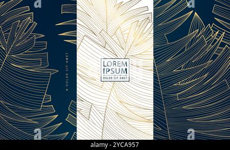 Vektor-Set Palmblätter Linienmuster, goldene Natur tropische Flyer. Dschungel-Grafik, hochwertige Pflanzenrahmen. Stock Vektor