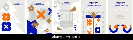 Kollektion minimalistischer Weihnachtskarten. Geometrisches Design, Weihnachtsbäume, Schneemänner, Weihnachtsspielzeug, Geschenke. Toll für Grüße. Stock Vektor
