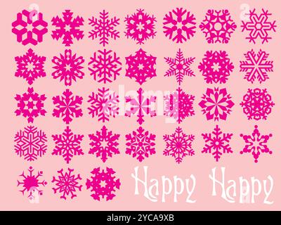 Sammlung von Schneeflocken in Pink. Die Schneeflocken sind in einem Raster angeordnet und das Wort „Happy“ steht in der rechten unteren Ecke Stock Vektor