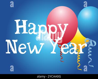 Poster mit Ballons und den Worten Happy New Year. Die Ballons sind rot, gelb und blau Stock Vektor