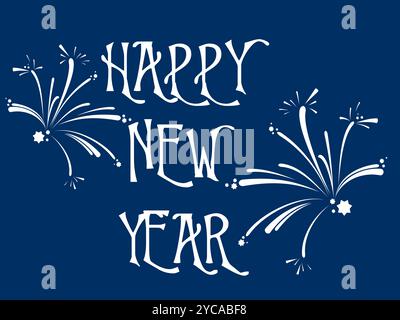 Blaues Schild mit der Aufschrift "Happy New Year". Auf dem Schild steht ein Feuerwerk Stock Vektor