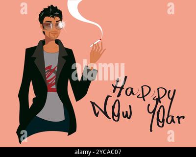 Ein Mann raucht eine Zigarette mit den Worten "Happy New Year" unter ihm. Das Bild wird in Schwarzweiß angezeigt Stock Vektor