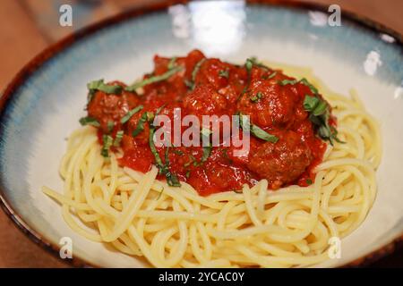 Ein wunderschöner Teller mit Spaghetti und Fleischbällchen mit Koriandergarnitur auf der Oberseite Stockfoto
