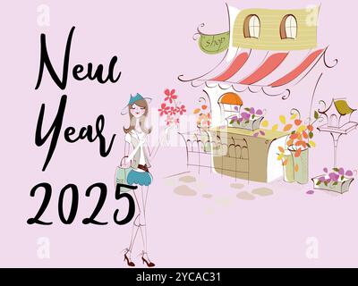 Die Frau hält Blumen und das Jahr ist 2025. Das Bild ist rosa. Die Frau trägt ein weißes Hemd und blaue Shorts Stock Vektor
