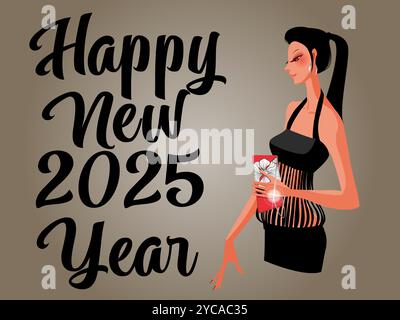 Eine Frau, die ein Kartenspiel hält und die Worte Happy New Year sind rot geschrieben. Die Frau trägt ein schwarzes Kleid Stock Vektor