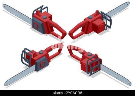 Isometrische Kettensäge isoliert auf weißem Hintergrund. Akku-Kettensäge. Hartholzbearbeitung im Wald. Brennholzverarbeitung. Stock Vektor